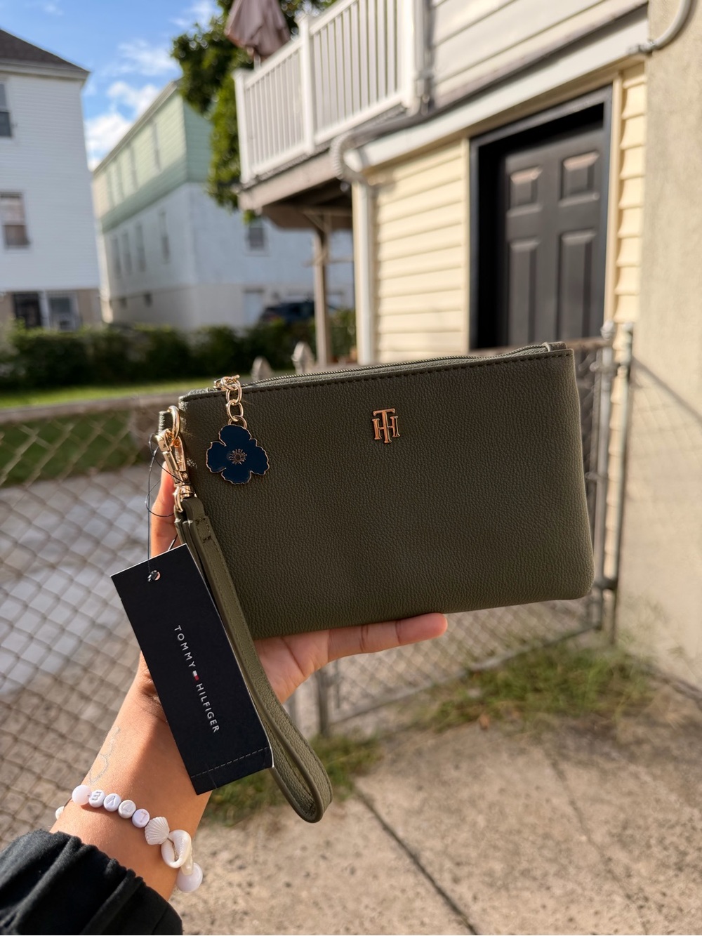 Tommy Hilfiger Olive Green Pebbled Wristlet with Gold Accents